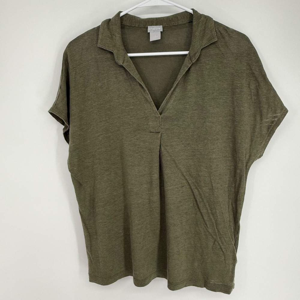 Chico's 1 Women's Medium Olive Green Short Sleeve Pure Linen Collared Polo Shirt